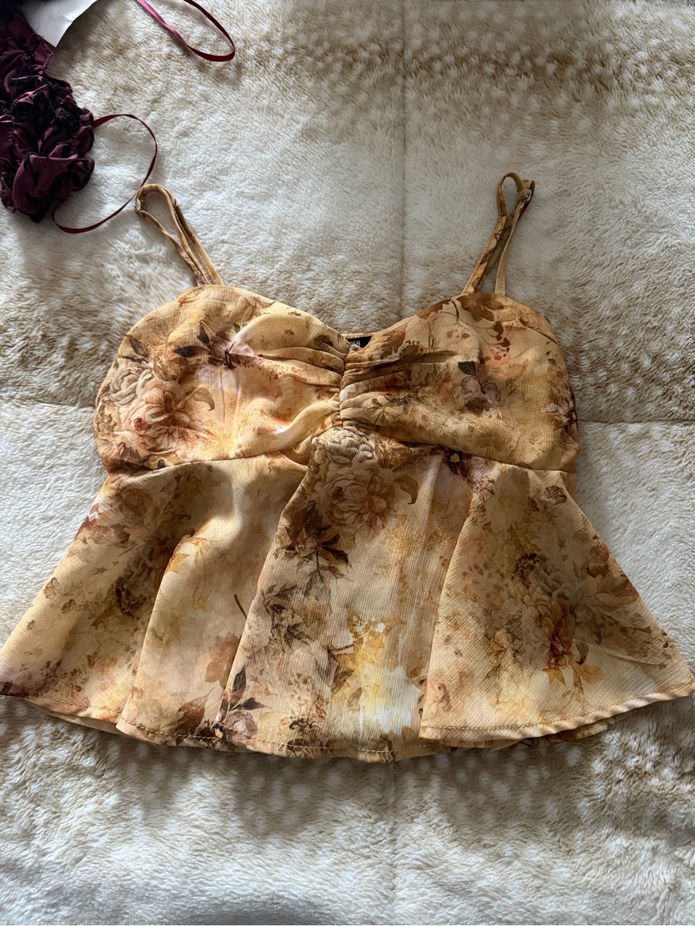 Floral Yellow Cream Spaghetti Strap Peplum Top